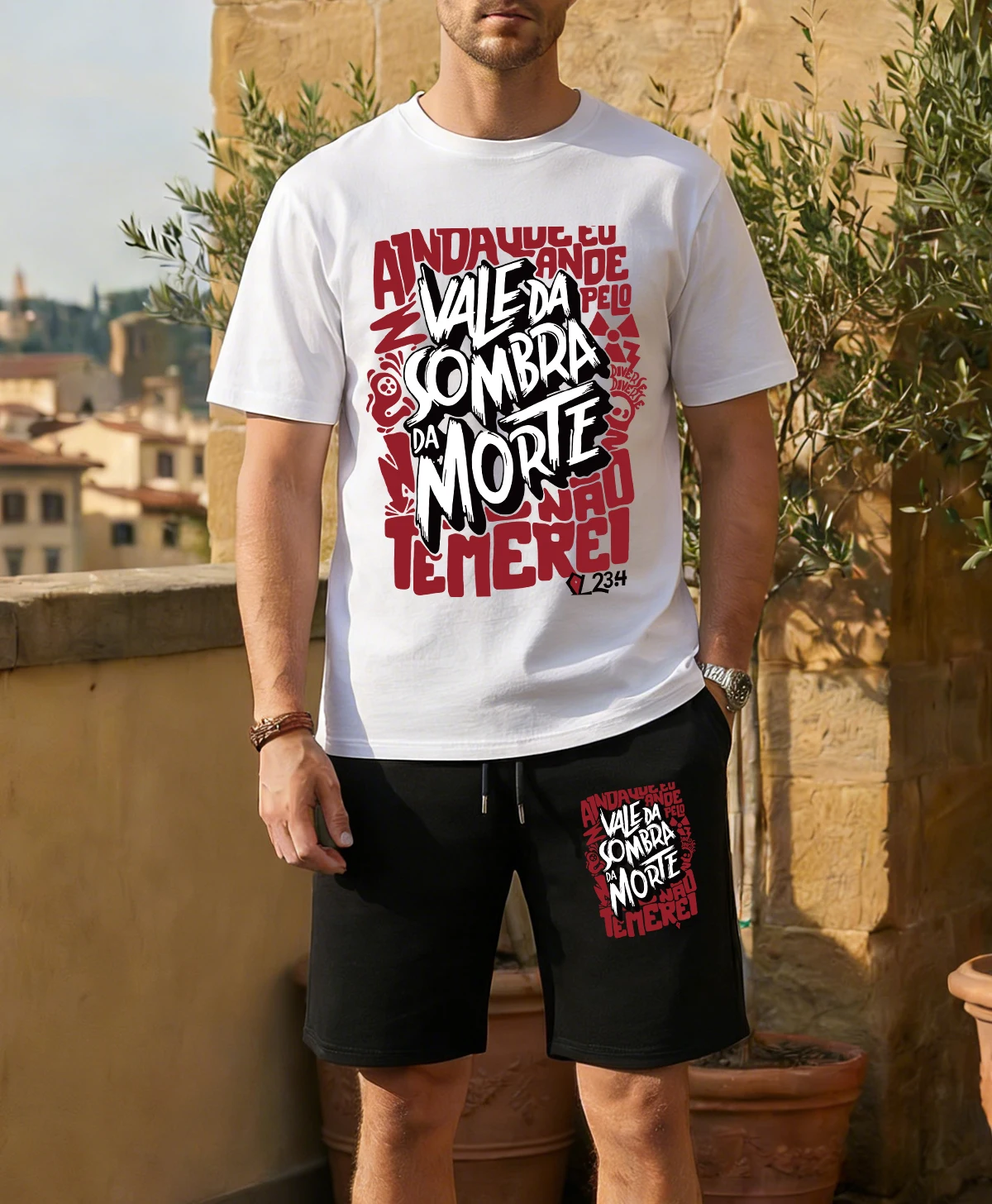 

Valeda Sombra Da Morte Design Men T-Shirt Suit Soft Cotton Fashion O-Neck Tee Drawstring Shorts Unisex Loose Summer Streetset