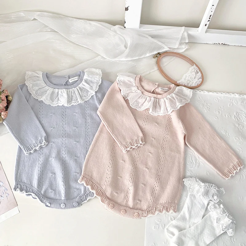 2024 New Autumn Toddler Baby Girl Knitted Romper Long Sleeved Splicing Korean Style Climbing Suit Children Knitted Clothes