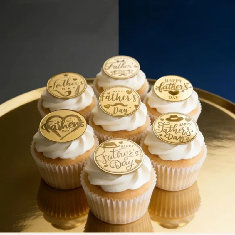 5CM Father's Day Birthday Cake Topper Decoration Gold Acrylic Happy DAD Cupcake Flag For Father's Day Party Cake Baking Supplies