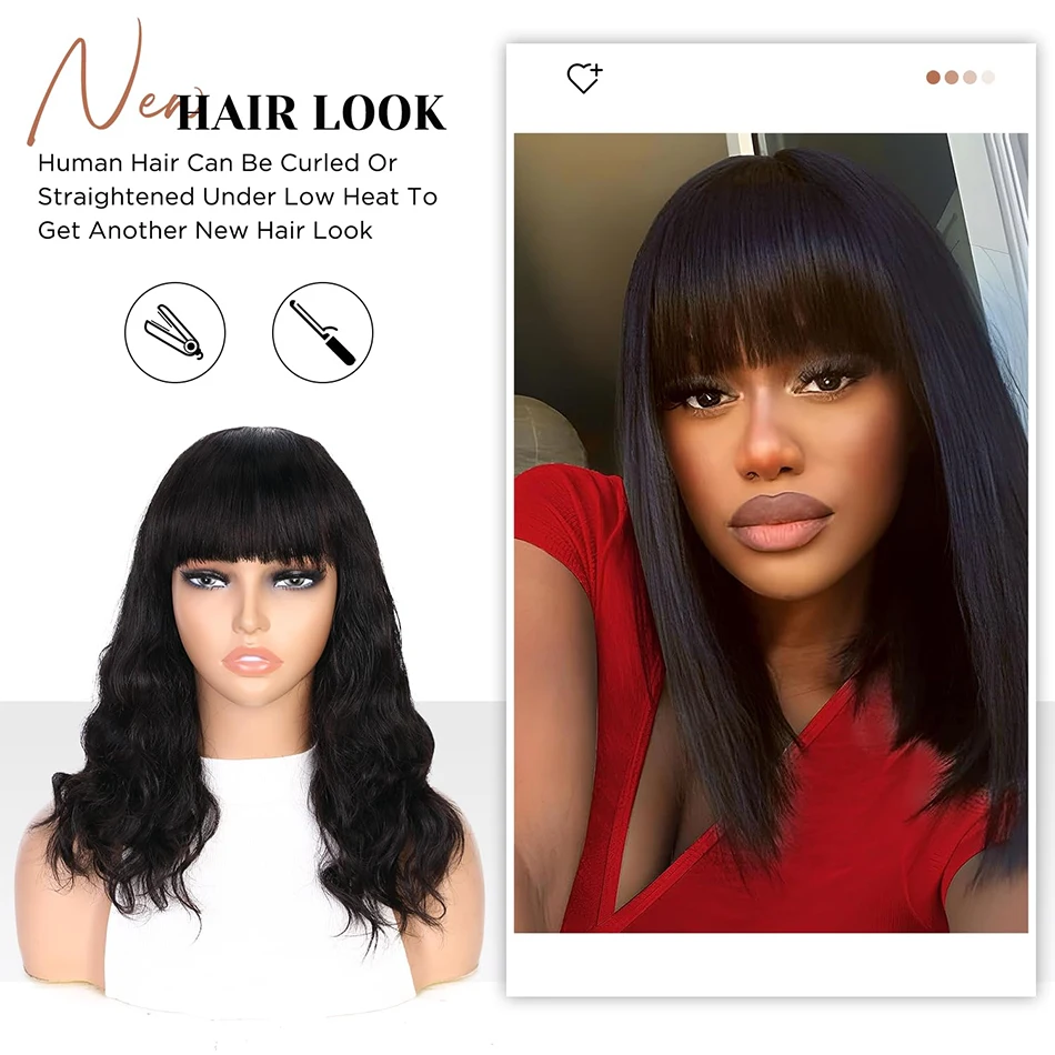 Natural Wavy Human Hair Wigs with Bangs Loose Wave Curly Wigs for Women None Lace Front Wigs Brazilian Remy Human Hair for Daily