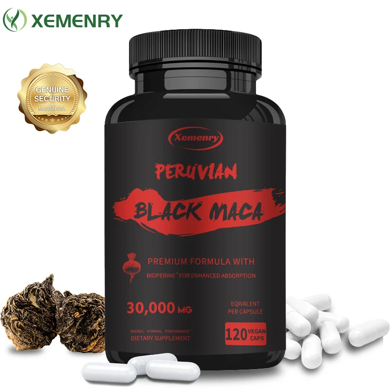 Xemenry Natural Capsules Black Maca Root - Maximum Strength 30,000 mg - Gelatin Maca Root Extract from Peru