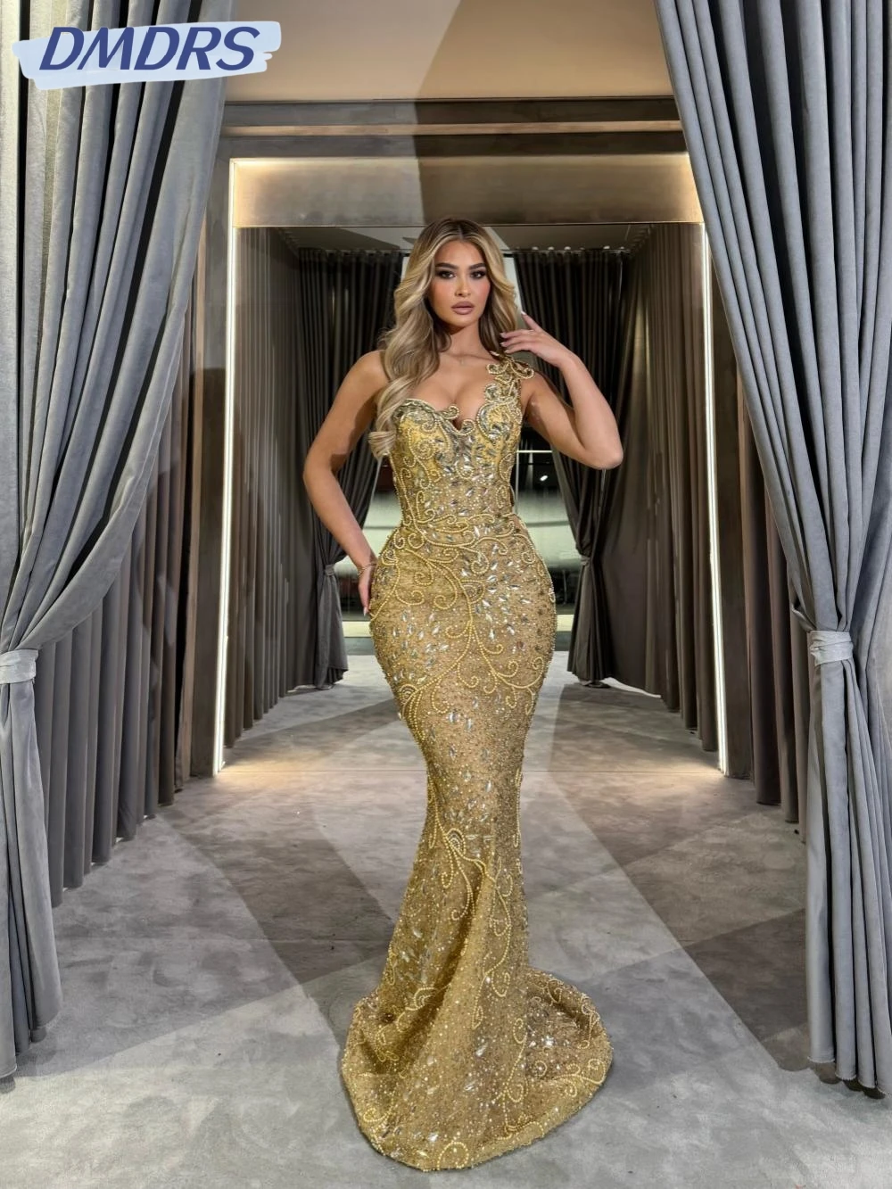 

Exquisite Crystal One Shoulder Evening Dress Sparkly Pearls Mermaid Long Wedding Party Gown Customized Elegant Prom Dresses