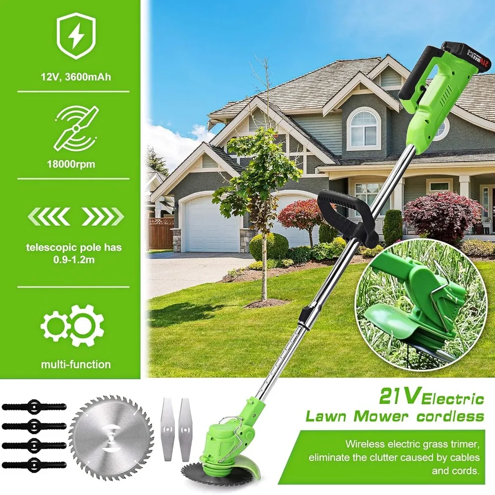 เครื่องตัดหญ้าไร้สาย 21V พร้อมแบตเตอรี่ 2.0Ah สำหรับใช้ในบ้านและสวน