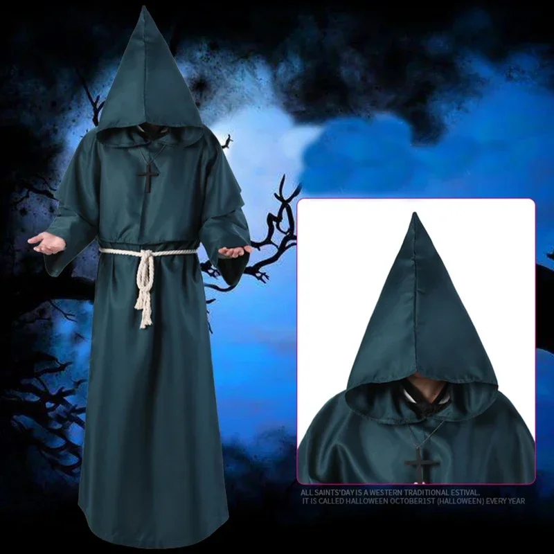 New Wizard Costume Halloween Cosplay Medieval Hooded Robe Monk Friar Priest Ancient Clothing Christian Suit MN4