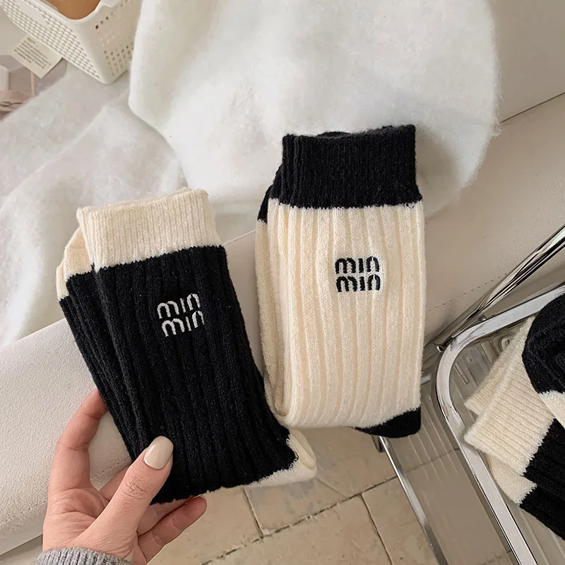 2 Pairs Black White Wool Socks For Women Winter Knitted Thickened Warm Middle Tube Stacked Socks Embroidered Letters Cute Socks