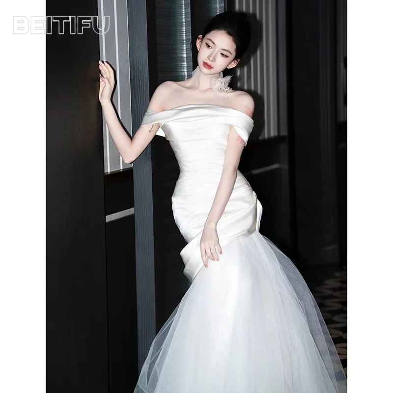 BeitifuBaby-Vestidos de novia sin tirantes para mujer, falda de encaje de sirena Vintage sin mangas adelgazante, vestido de novia para mujer 2025