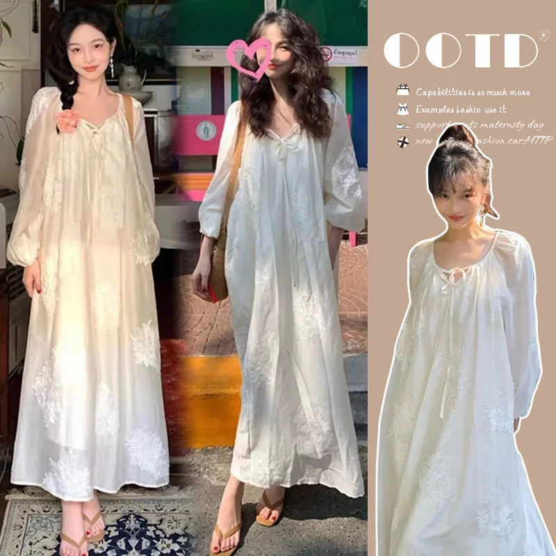 Summer Luxury Embroidered French Style Maternity Dress Long Sleeve Photoshoot Pregnancy Beach Dress Holiday Clothes for Women
