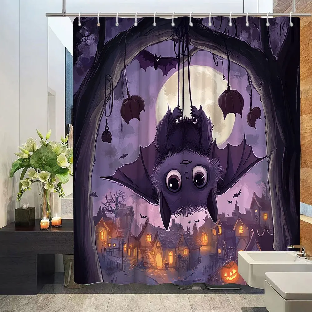 Humorous Halloween Bat Shower Curtain w/ Hooks, Soft Fade Resistant Window Curtain for Bathroom, Chic Home Decor
