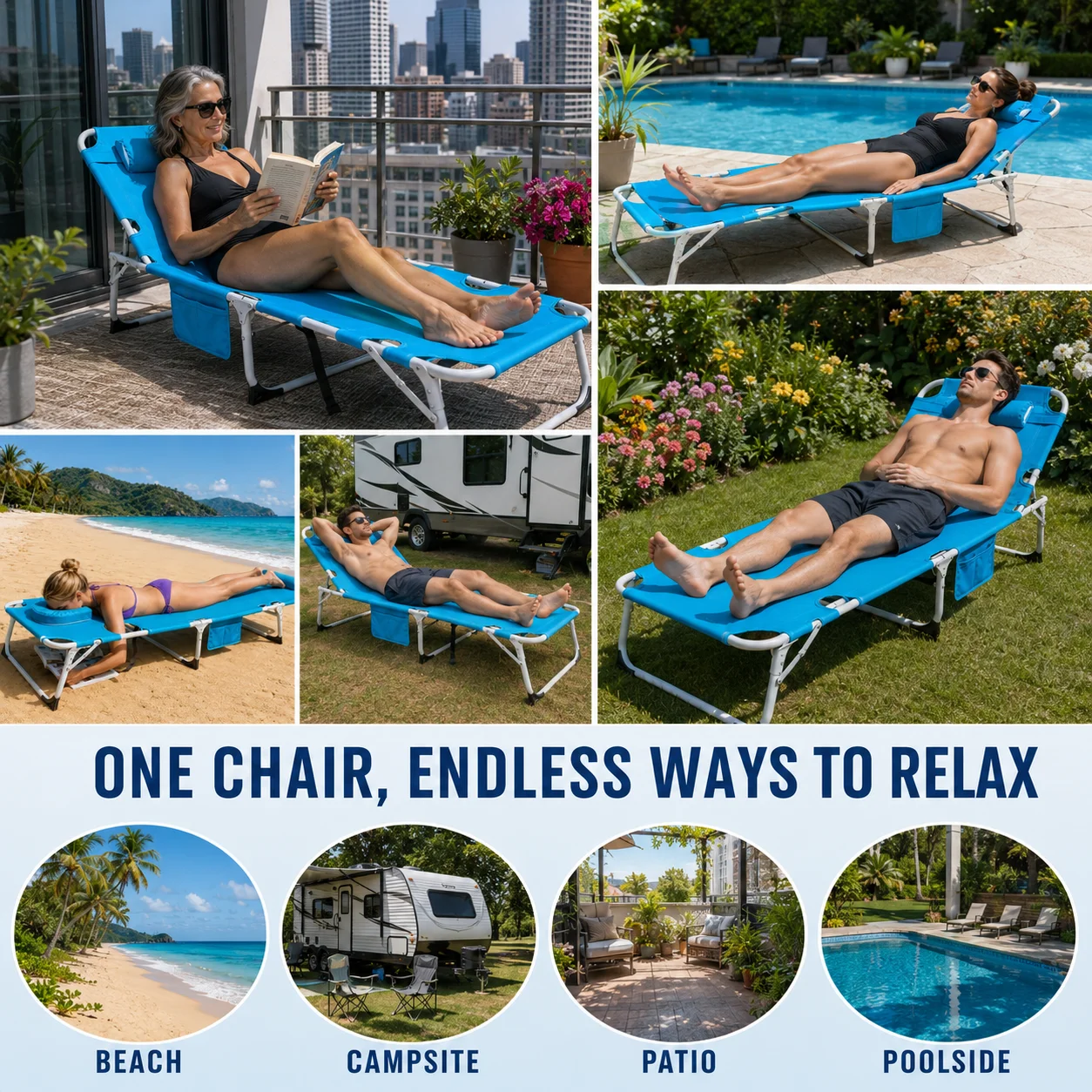 Outdoor Tanning Lounge Chair Folding Chaise with Face Hole Portable Reclining Beach Chair for Pool Patio Camping Sunbathing with Pillow and Storage Pocket