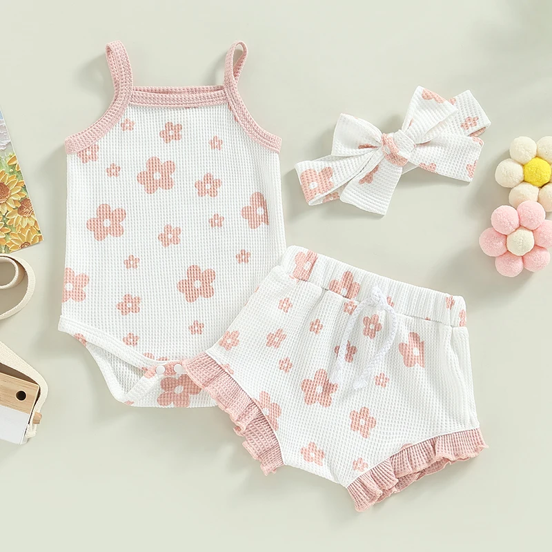 Newborn Baby Girl Summer Costume Set Floral Spaghetti Straps Sleeveless Rompers and Casual Ruffle Shorts Headband Clothing