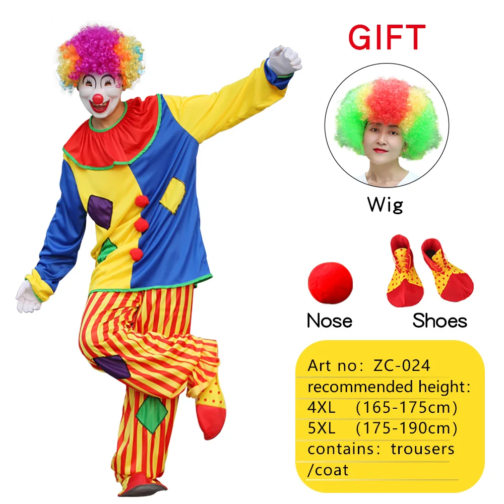 

Halloween Costume Couple for Adult Clown Fantasy Cosplay Carnival Party Dress Up, with Wig +Nose+Shoes