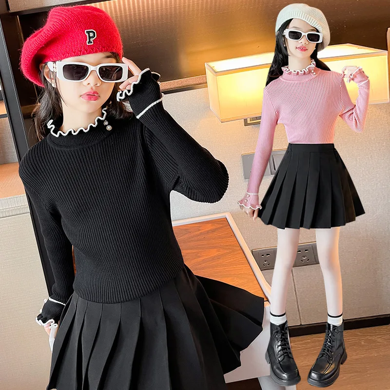 

2024 Knit Solid White Black Pink Sweater For Teenage Girls Knitting Long Sleeve Tops Clothing Children School Pullover Outerwear