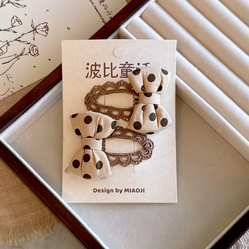 Autumn Winter Hair Clips for Babies Korean Polka Dot Snap Clips 2pcs Set Beige Brown Side Clips Cute Bangs Accessories view 4