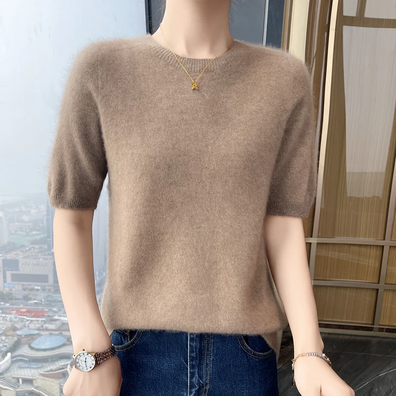 Women's T-shirt Autumn/Winter New 100% Cashmere Short Sleeved Women's Round neck Knitted Pullover Casual Short sleeve Tops