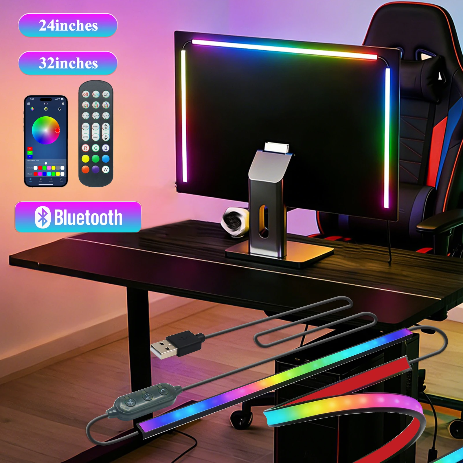 24 Inch 32 Inch USB PC Sync LED Strip Light Flexible Computer Monitor Screen RGB Backlight Lamp for Gaming Room Atmosphere Decor