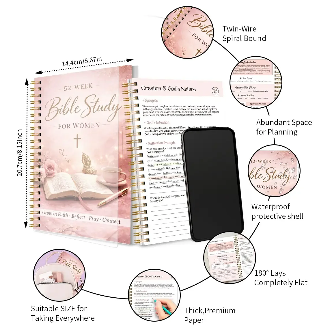 52-Week Women’s Bible Study Notebook, Daily Scripture Reading Plan, Prayer Reflection Journal, Spiral Bound Faith Planner
