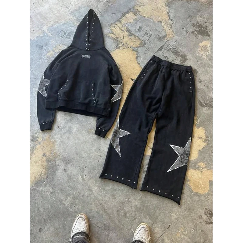 

Summer new American style willow nail print men's and women's hoodie design sense loose sports casual pants set