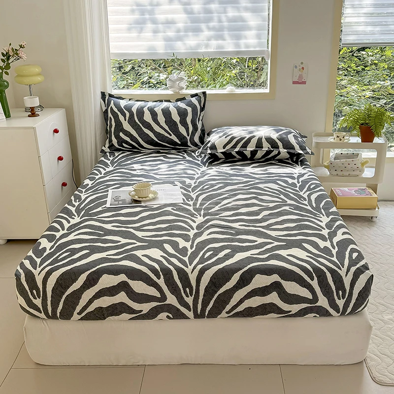 J15Bed Sheet with Elastic Band Zebra Stripes Printed Fitted Bed Sheet Queen Size Bed Sheets Sets High Quality Single Sheets for