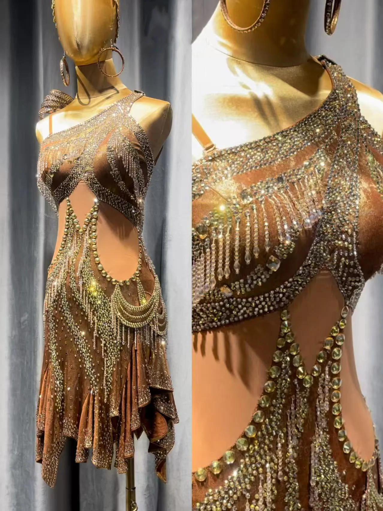 Dança latina adulto crianças vestido ab pedra high-end personalizado saia irregular de uma peça precisamente tango roupas femininas