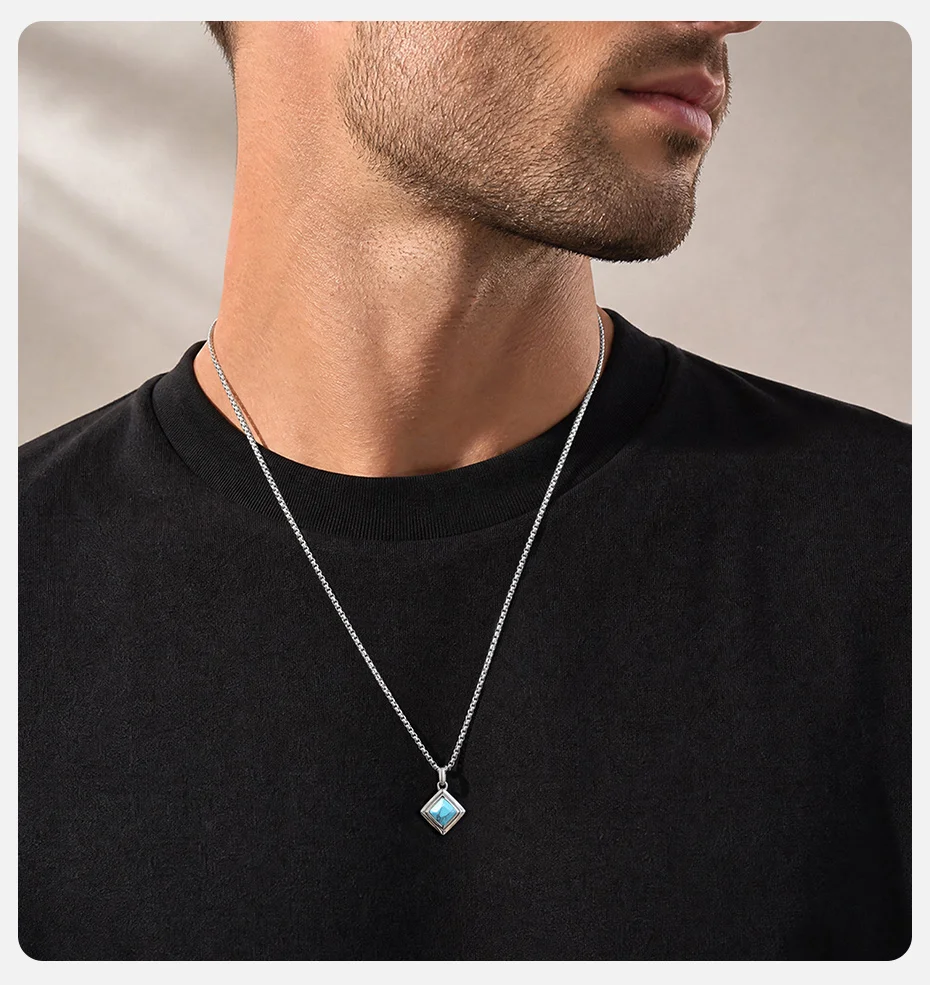 Vnox Rhombus-Anhänger-Halskette für Herren, Edelstahl, 60 cm, Kastenkette, natürlicher Tigerauge-Türkis-Stein, täglicher Punk-Schmuck, Geschenk – Detail 4