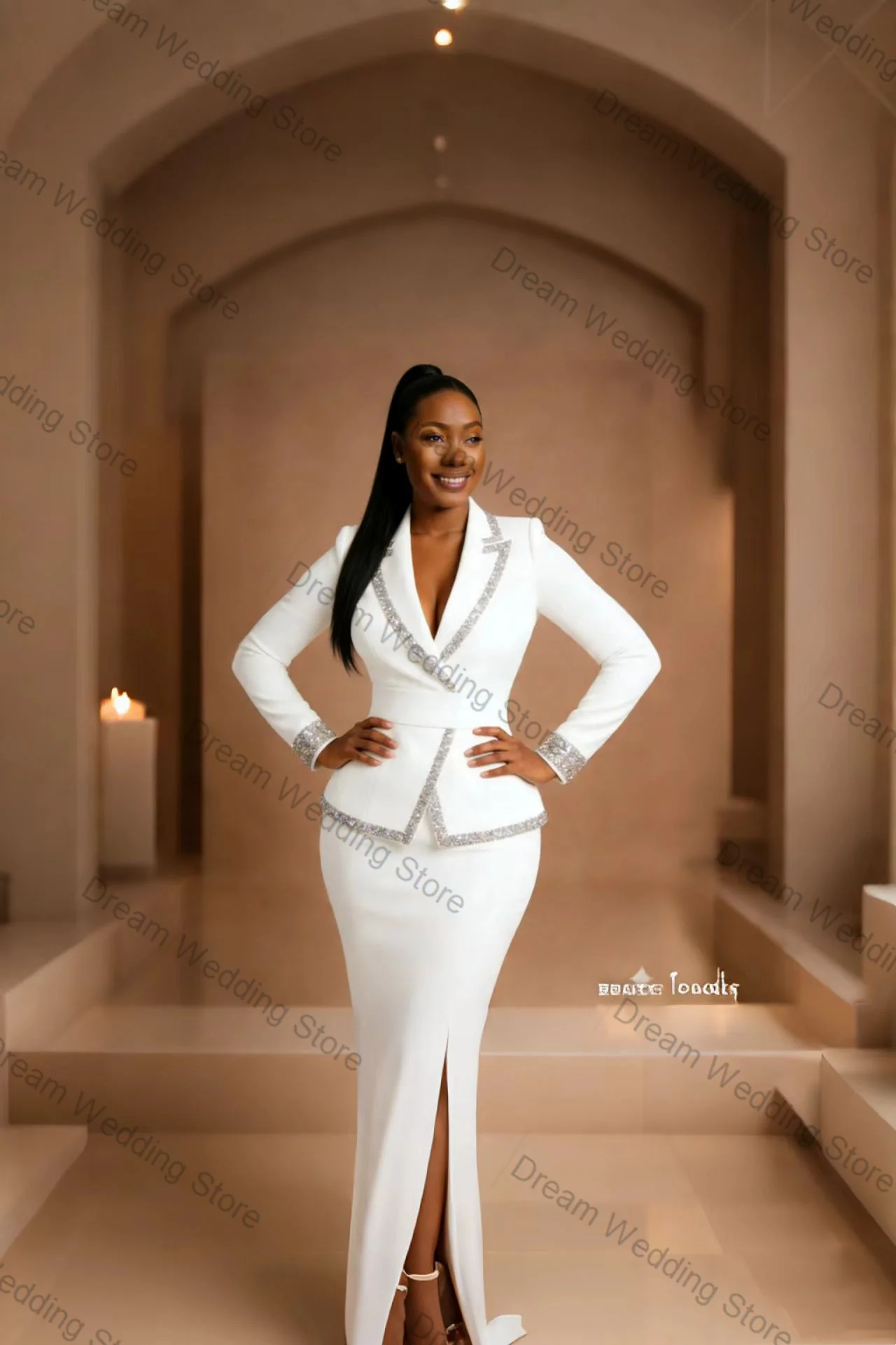 Crystals White Cotton Women Suit Set 2 Pcs Blazer+Prom Dress Spring Formal Office Lady Jacket Customized Wedding Guest Coat