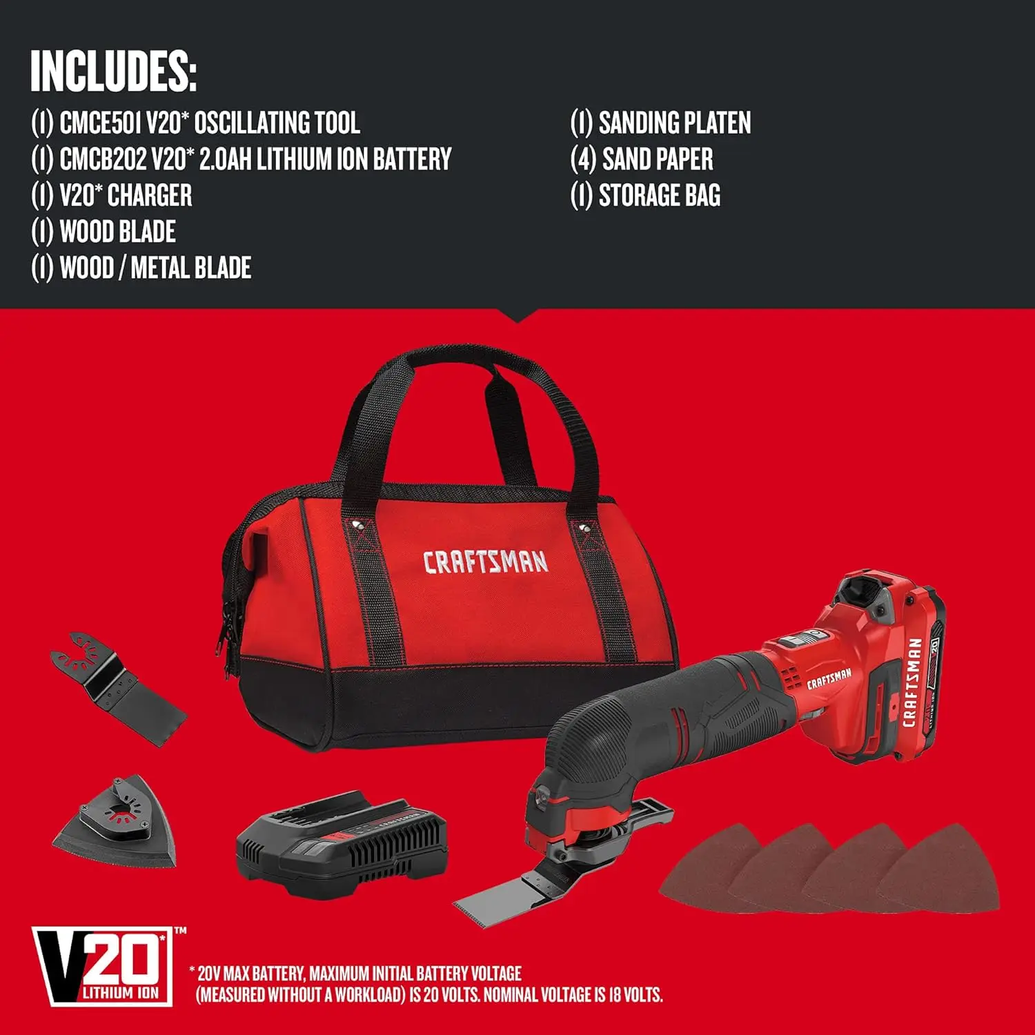 CRAFTSMAN V20 Cordless Multi-Tool, Oscillating Tool Kit, Blades, Sand Paper, Battery and Charger Included (CMCE501D1)