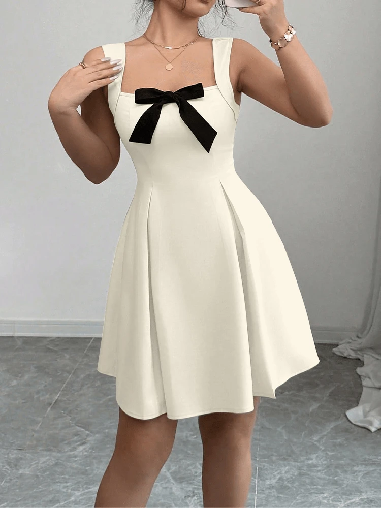 Summer New Women's A-Line Dresses Streetwear Fashion Vest Sleeve Bow Casual Slim Dress Solid Sexy Backless Elegant Lady Dresses