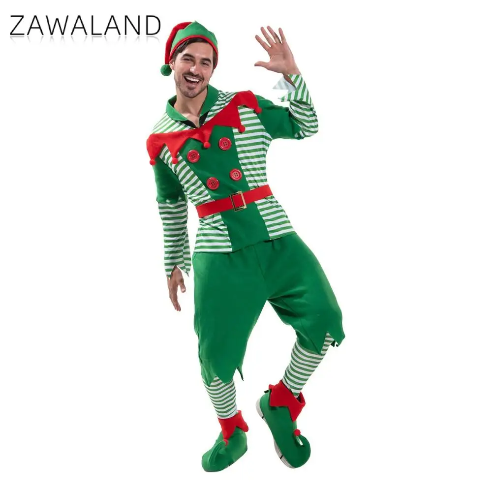 Zawaland Boże Narodzenie Mężczyźni Kostium Elfa z Kapeluszem Pończochy Pokrowce Na Buty Pas Rodzinny Karnawał Impreza Nowy Rok Fancy Xmas Dress Up Outfit