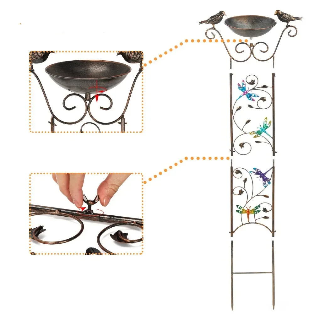 Antique Garden Iron Trellis with Hummingbird Butterfly Detachable Bird Bath Bowl DIY Metal Potted Plant Flower Climbing Support