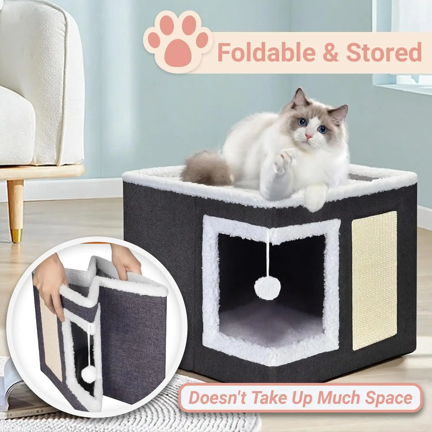 سرير قطط قابل للطي مع لوح نفق للخدش من السيزال، منزل للحيوانات الأليفة للاستخدام الداخلي والخارجي مع وسادة قابلة للإزالة