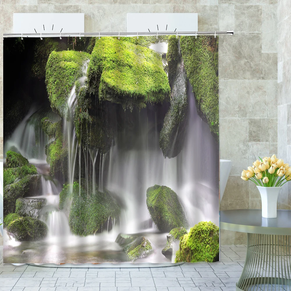 

Rainforest Waterfall Scenery Shower Curtain Tropical Rocks River Spring Natural Scape Fabric Bathroom Screen with Hooks Decor