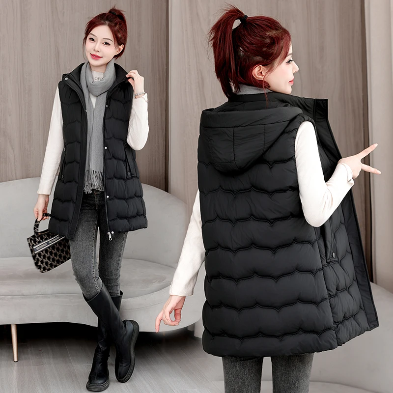 

Женский жилет средней длины из хлопка Jaet, съемная шапка, модная утягивающая зимняя верхняя одежда для поездок на работу, на молнии, Clo...