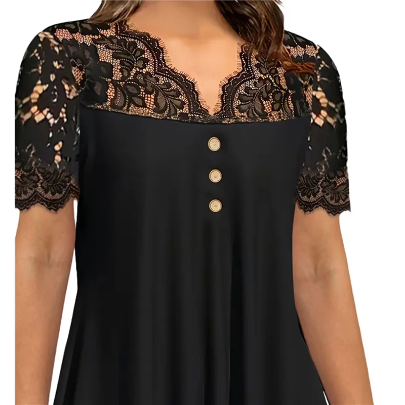 

Женские топы больших размеров, рубашки на пуговицах с короткими рукавами, кружевные плиссированные туники на пуговицах с V-образным вырезом, блузки-туники