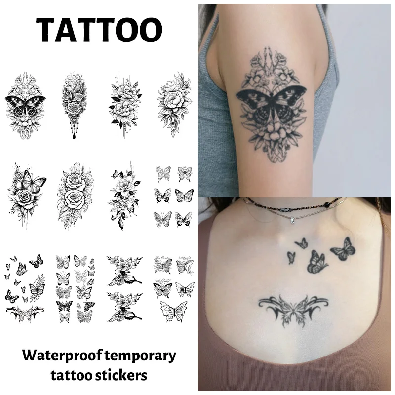 

Flower and Butterfly Creative Temporary Tattoo Sticker, Long-lasting and Waterproof, Realistic Fake Tattoos for Women, Arm, Leg.