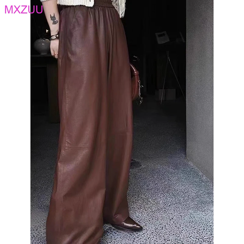 

Retro Real Leather Mopping Pants Autumn Women American Lazy Wind Vegetable Tanned Sheepskin High Waist Wide Leg Straight Pants