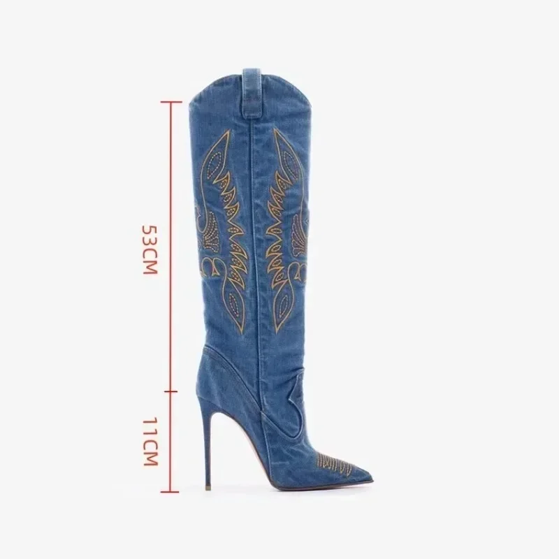 

Embroidered Car Stitching 11cm High Heeled Pointed Western Cowboy Boots Women Denim Fashionable Spicy Girl Sexy Knight Boots 46