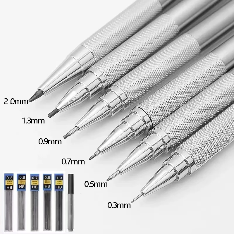 

Металлический механический карандаш 0,3/0,5/0,7/0,9/1,3/2,0 мм, набор автоматических карандашей HB для рисования с грифами, офисные школьные принадлежности для письма, художественные принадлежности