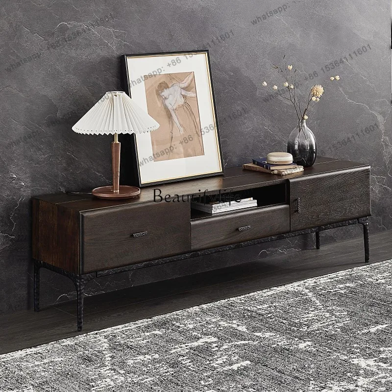 FG Nordic Retro TV Cabinet Medium Antique Cast Iron Oak Pure Solid Wood Dark TV Cabinet Living Room Cabinet