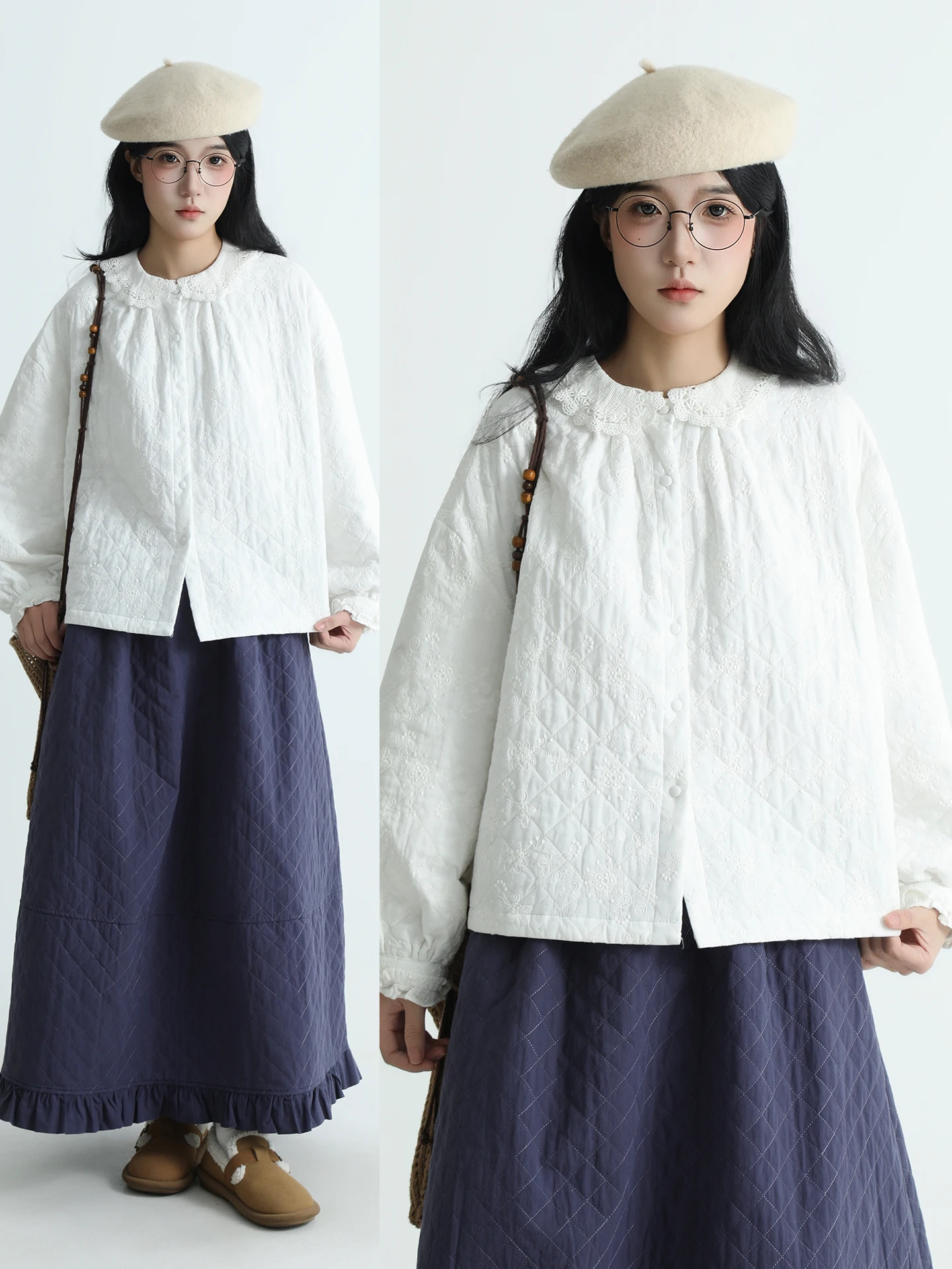 

Новинка: Женская свободная блузка из вышитого хлопка с цветочным воротником, длинный рукав, утепленный хлопок, для повседневной носки, зима