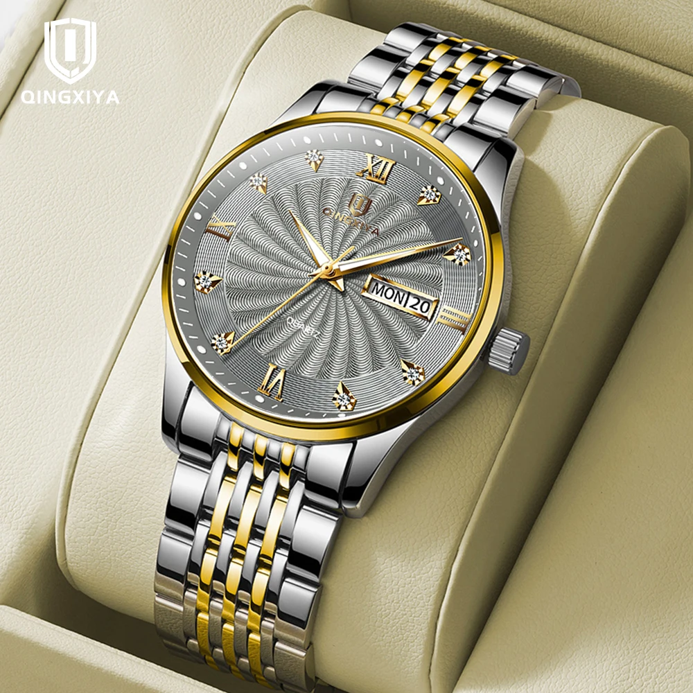

QINGXIYA Brand New Fashion Men Quartz Watch Stainless Steel Sports Waterproof Luminous Week Date Luxury Men Watches reloj hombre