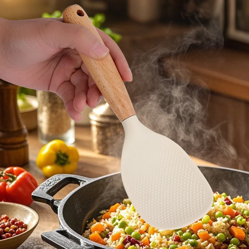 مجداف ملعقة أرز من السيليكون مع مقبض خشبي ملعقة أرز غير لاصقة مقاومة للحرارة ومضادة للحرق وملعقة طبخ الأرز المعلقة #1