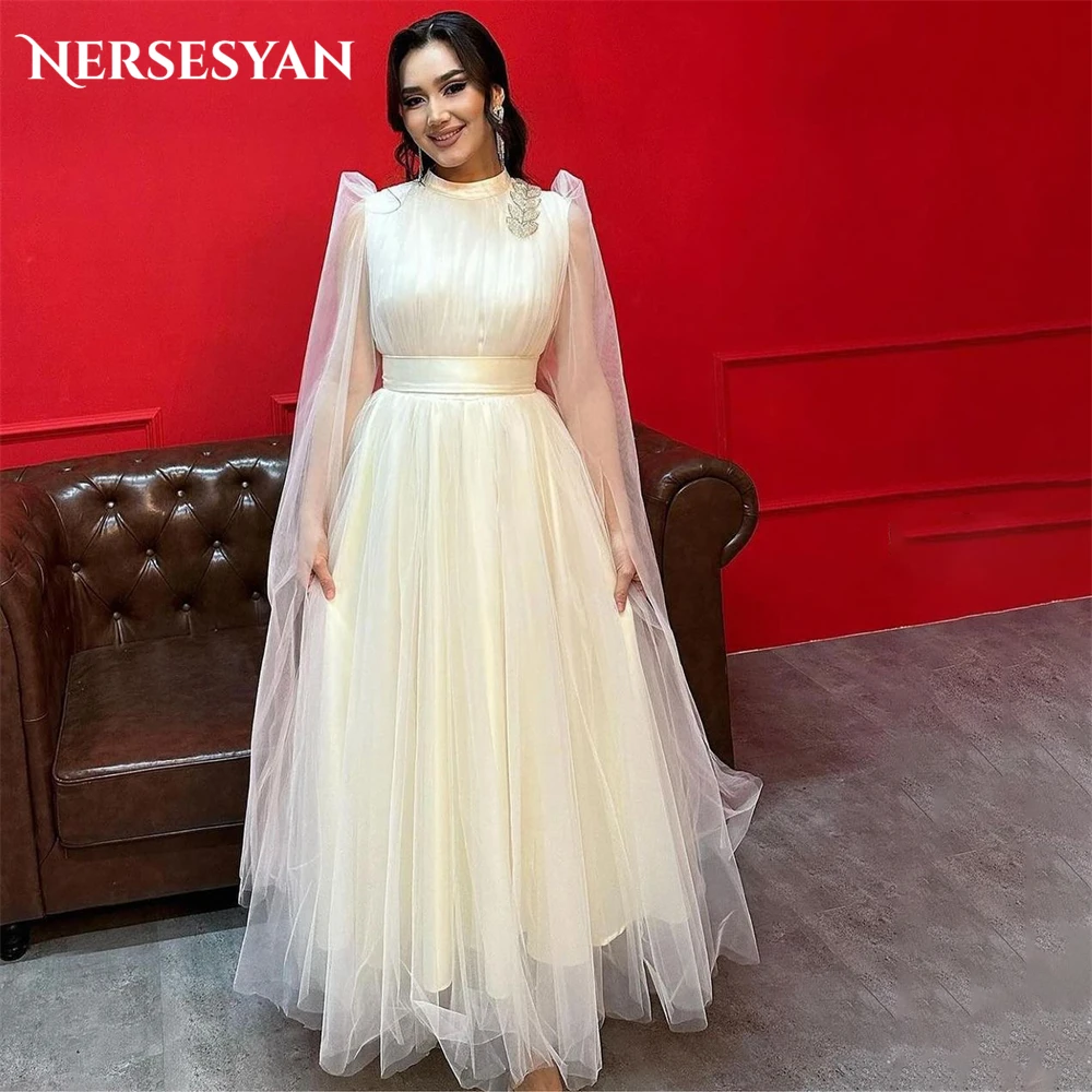 

Nersesyan Light Champagne Formal Prom Dresses High Neck Cap Sleeves A-Line Evening Dress Ankle Length Gtaduation Party Gowns