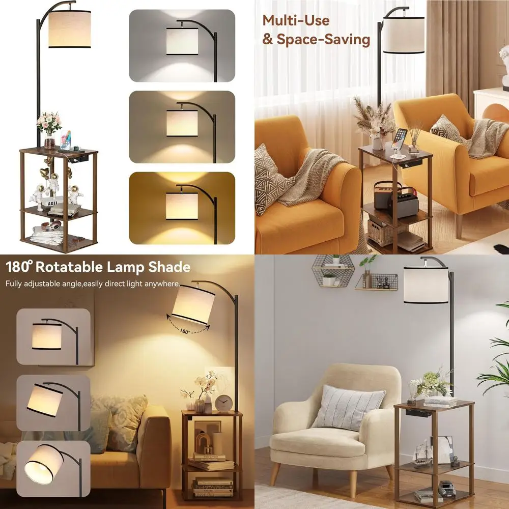 

Торшер со столом, торцевой столик для гостиной с лампой, приставным столиком с полками и зарядной станцией (USB и порт переменного тока), 3-цветный тем