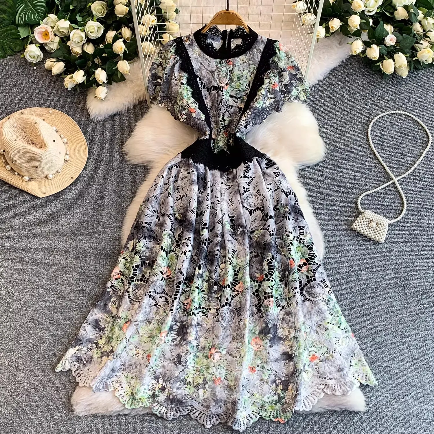 Elegant Lace Embroidery Hollow - French Vintage Floral Midi Dress review and price