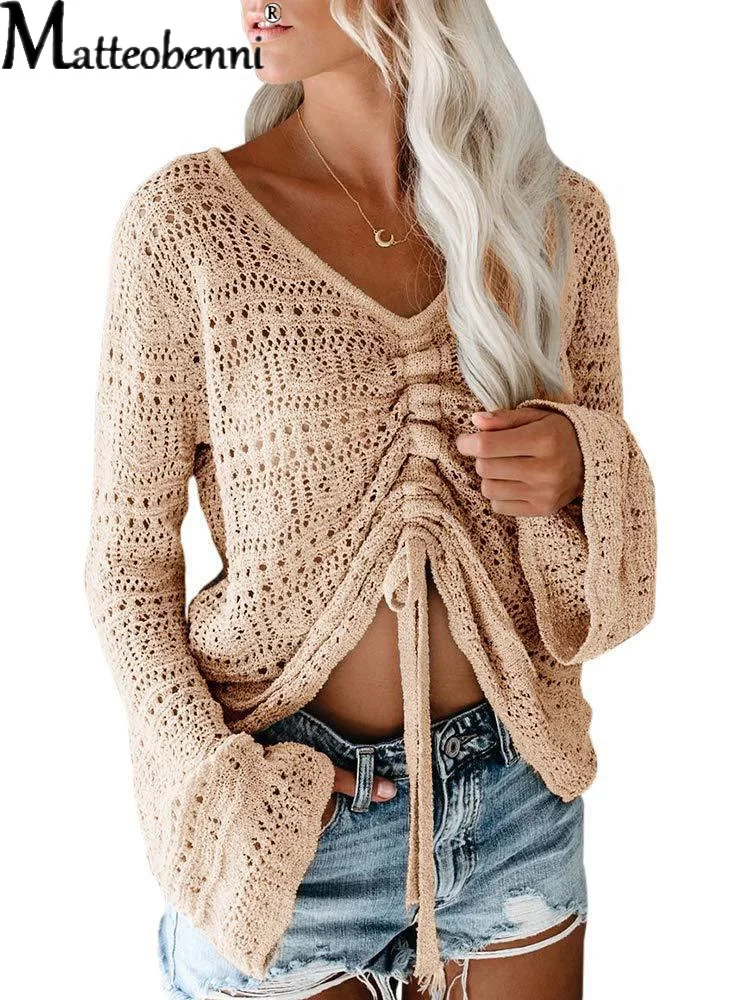 

2022 Women Sweater Thin Loose Female Pullover Short V-Neck Hollow Out Knitted Drawstring Flared Long Sleeve Ladies Crop Tops