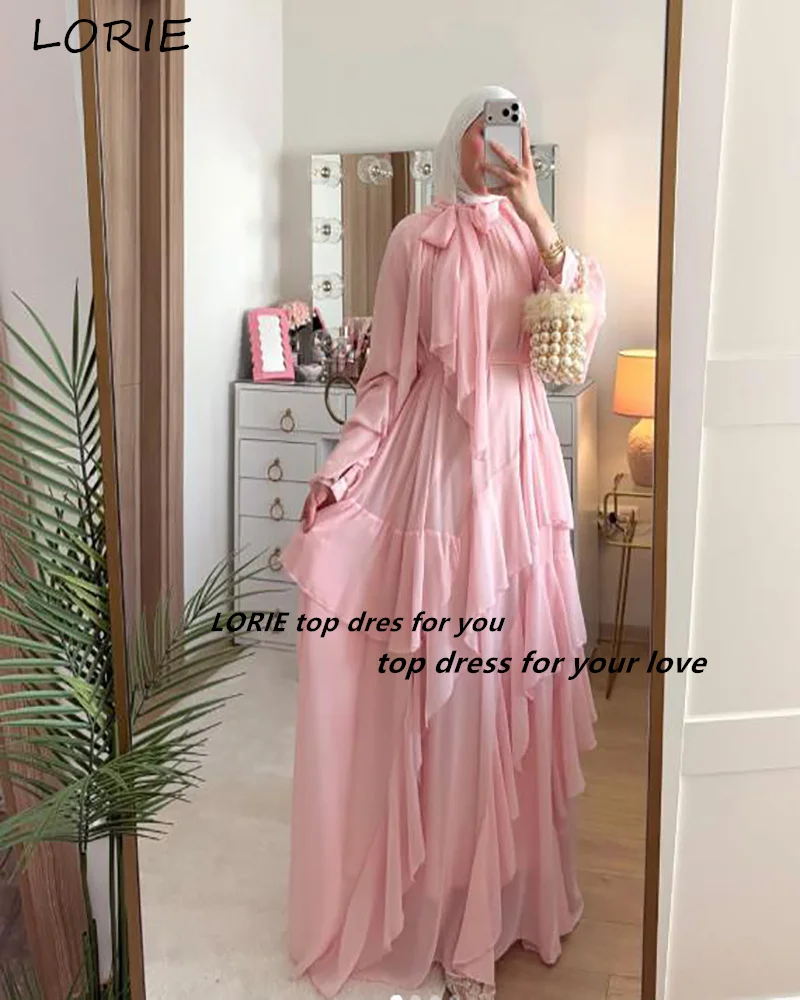 

LORIE Shiny Pink Evening Dress High Collar Bow Ruffle A-line Pleats Arabia Prom Dress Long Sleeve Cocktail Dress Customized 2027