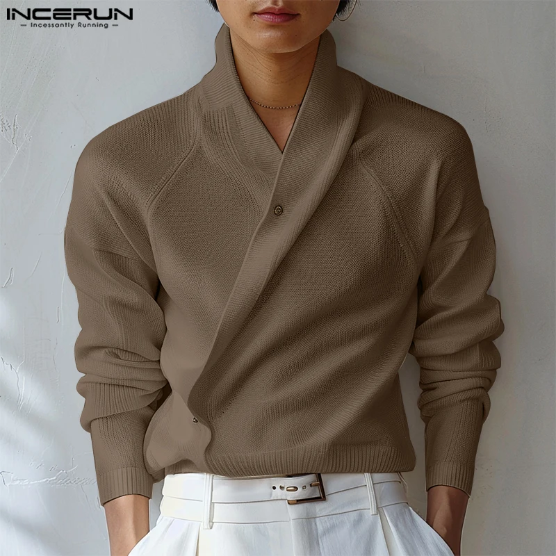 2024 INCERUN Men Tops American Fashion Long Sleeve Pullovers Casual Solid Elegant Coats Well Fitting Male Button Sweaters S-3XL