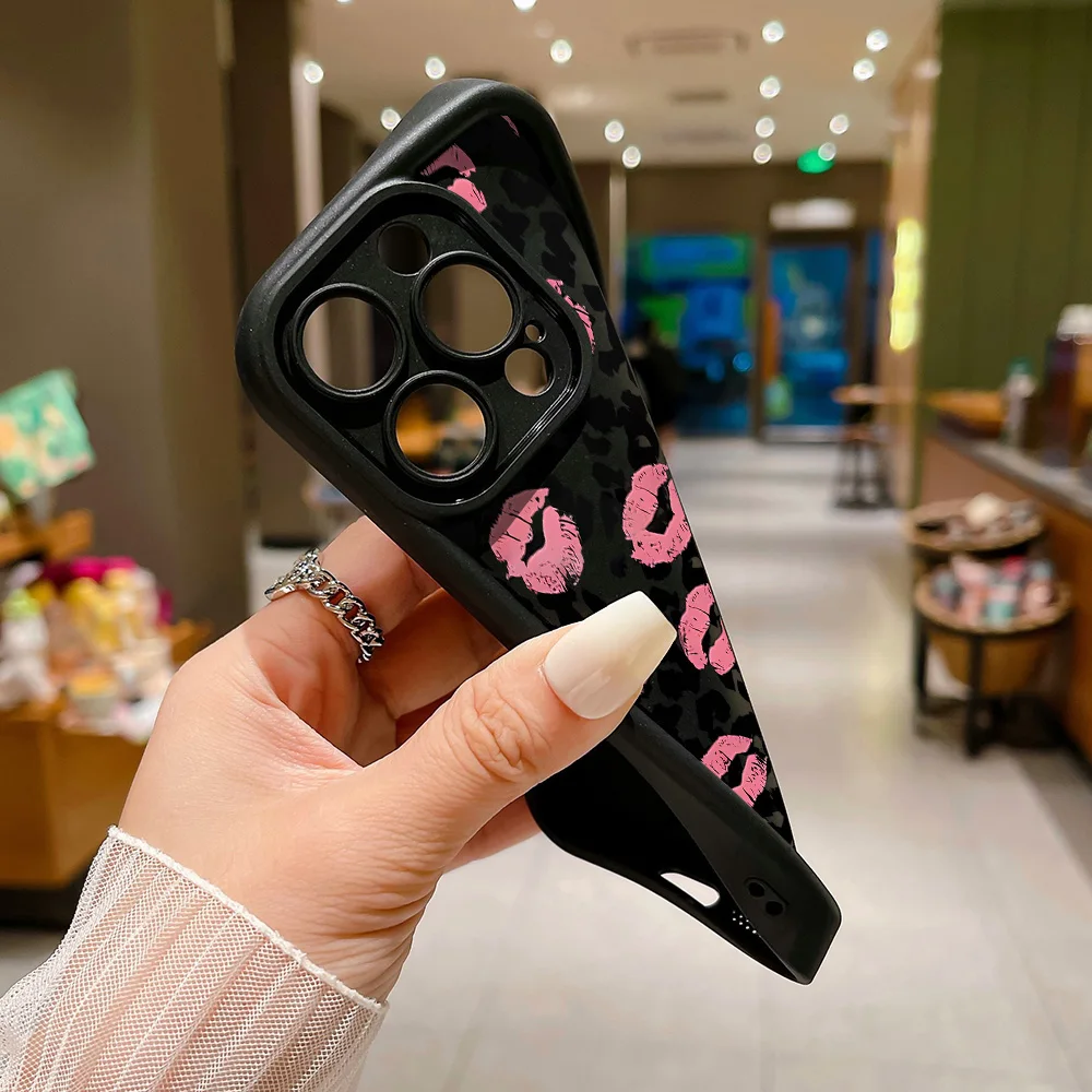 Painted Phone Case for Apple iPhone 17 16 15 14 13 12 11 Pro Max 8 Plus SE Air Cases Kawaii Pink Lip Leopard Silicone Protection view 6