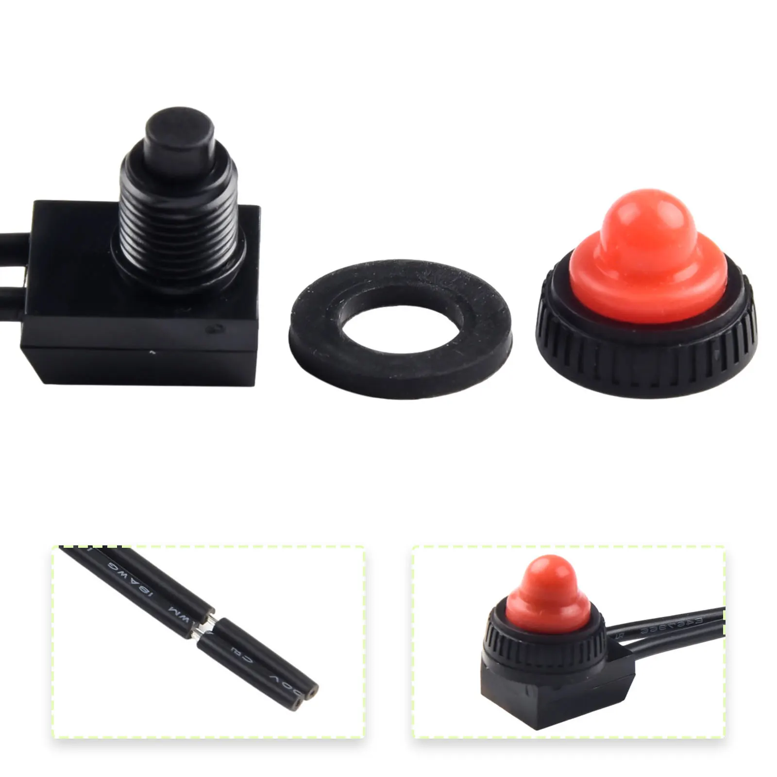 On-Off Switch Push Button Switch Red/black Rubber Cover Sturdy Waterproof With Leads Wire 12V 250V 3A Bakelite Base KP107