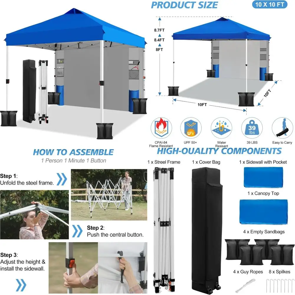 

Простая установка выдвижной палатки с навесом длиной 10 футов на 10 футов с одной кнопкой, включая 1 боковую стену и 6 карманами, регулируемая высота для Insta